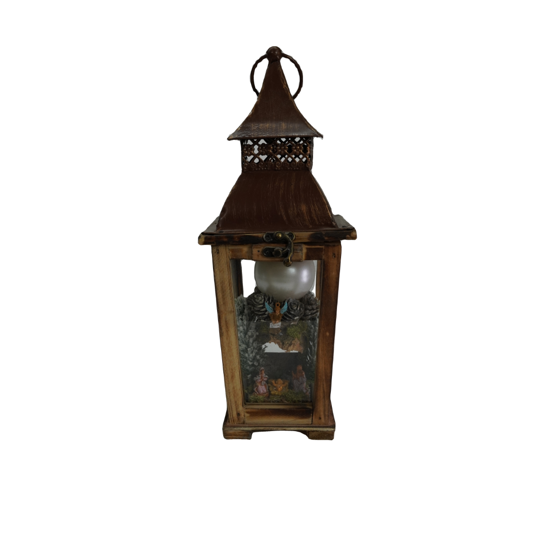LANTERNA METALLO EFFETTO LEGNO CON CANDELA E NATIVITÀ