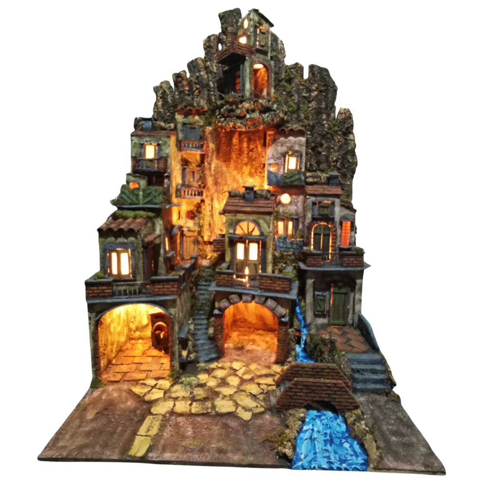 PRESEPE DEL '700 CON PONTE SU FIUME E FORNO CM 70X62X105