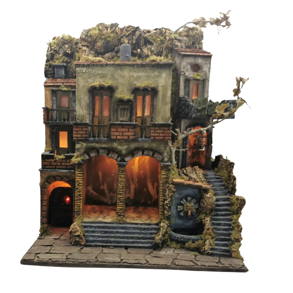 PRESEPE DEL '700 CON DOPPIO ARCHO CON FORNO E FONTANA CM 50X40X65