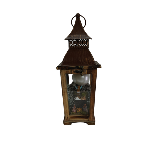 LANTERNA METALLO EFFETTO LEGNO CON CANDELA E NATIVITÀ