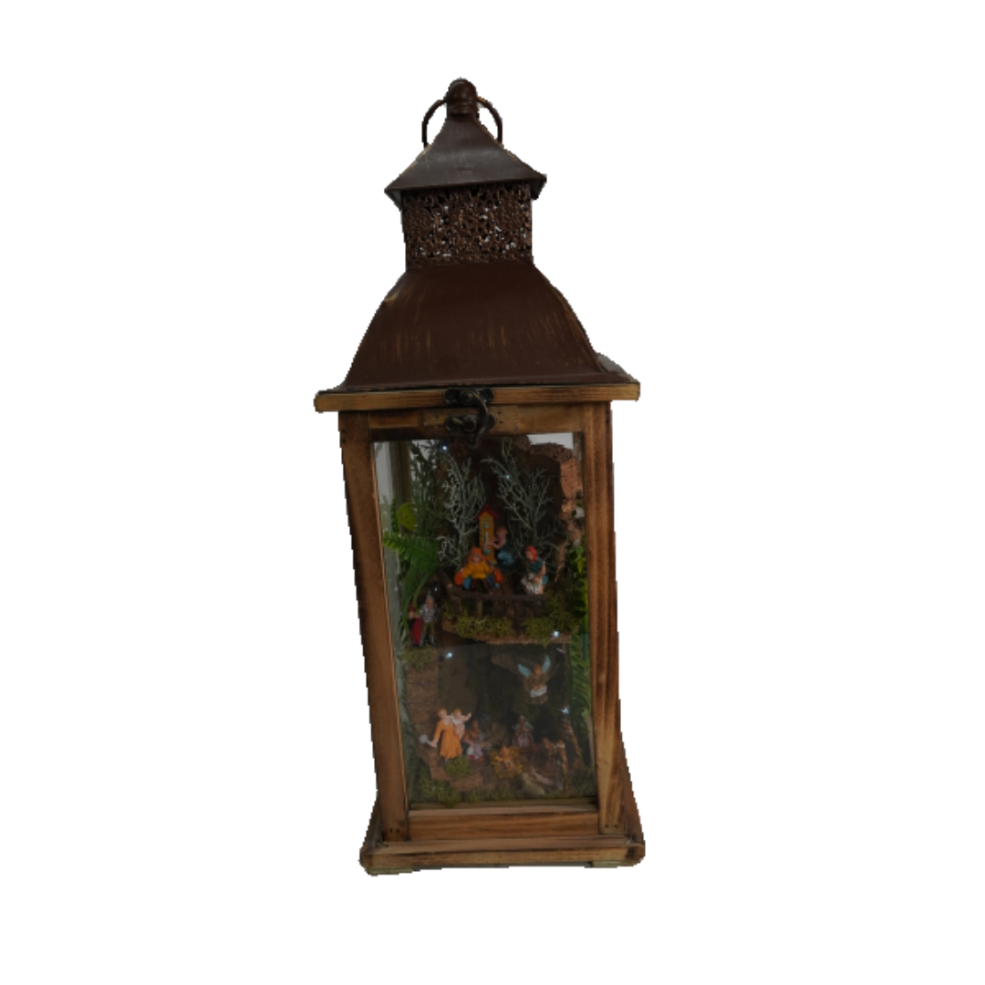 LANTERNA METALLO EFFETTO LEGNO  CON SCENA CON 20LED