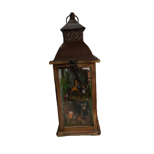 LANTERNA METALLO EFFETTO LEGNO  CON SCENA CON 20LED