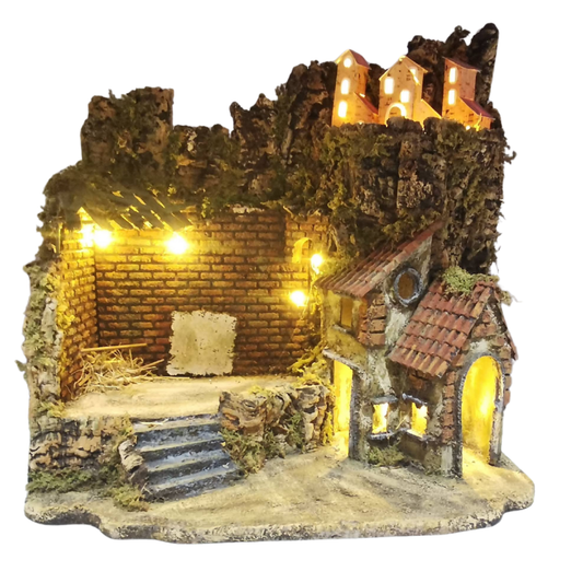 PRESEPE NAPOLETANO CON TETTOIA E CASETTE CM 40X25X38